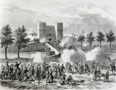 Espagne (1868). Glorieuse Révolution. Attaque des troupes gouvernementales à la porte des Serrans à Valence. Gravure de « L