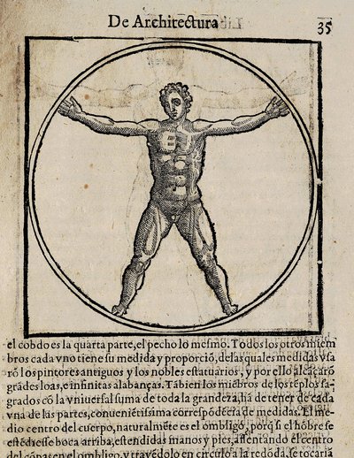 VITRUVE, Marcus Vitrubius Pollio (1er siècle av. J.-C.). "De Architectura", avec traduction en espagnol par Miguel de Urrea. Édité à Alcala de Henares par Juan Gracian (1582). Illustration de la page 35 avec le canon du corps humain. Xylographie - Artist Unknown