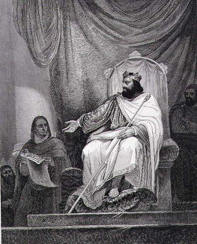 Charlemagne (742-814) émettant le capitulaire de Herstal en 779, gravé par Leclerc - Ary (after) Scheffer