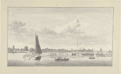 Grand radeau et divers navires sur la Merwede près de la maison de Merwe à Dordrecht - Ary van Wanum