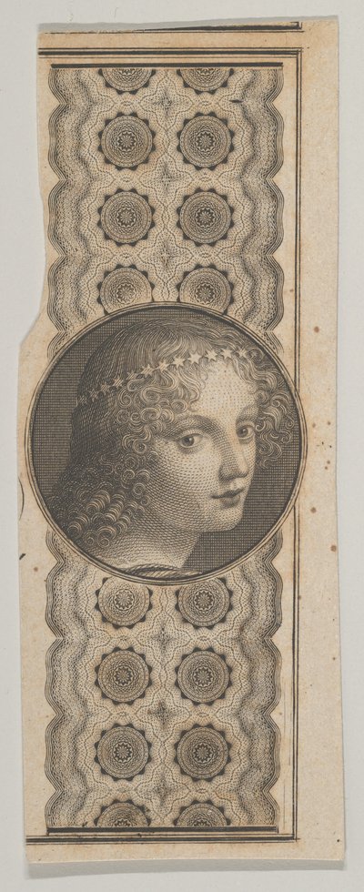 Motif de billet de banque avec une tête de fille dérivée de Léonard de Vinci contre un motif - Asher Brown Durand.
