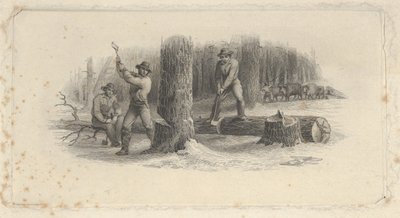 Vignette de billet de banque montrant des bûcherons abattant des arbres dans une forêt enneigée - Asher Brown Durand.