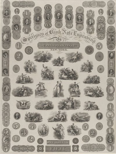 Feuille de spécimen de gravure de billet de banque, vers 1828 - Asher Brown Durand