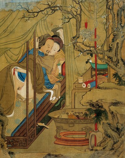 Art asiatique : scène érotique. Un couple pendant l