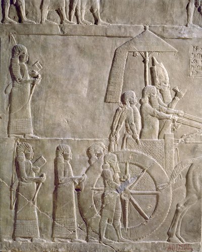 Relief représentant le char du roi Assurbanipal et des prisonniers élamites, épisodes de la campagne d