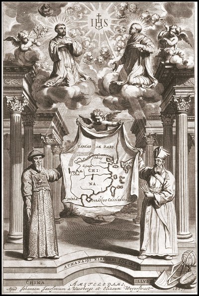 Adam Schall et Matteo Ricci en costume mandarin chinois, frontispice de « China » par Athanase Kircher - Athanasius Kircher