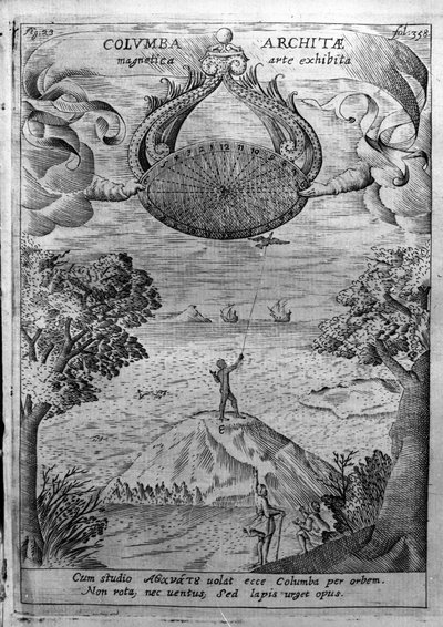 Archytas de Tarente (435-347 av. J.-C.) fait voler une colombe en bois. Gravure de "Mundus Subterraneus" par Athanasius Kircher (1601-1680), jésuite, orientaliste et érudit. - Athanasius Kircher