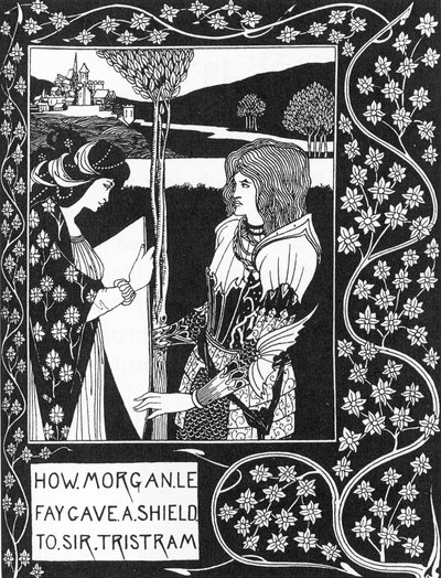 Légende arthurienne : La fée Morgane donne un bouclier à Tristan (gravure dans L