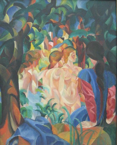 Des filles en train de se baigner, avec la ville en arrière-plan - August Macke