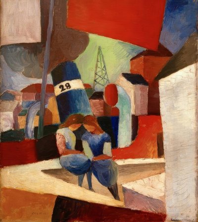 Vue du port avec des enfants sur le mur : Port de Duisbourg - August Macke