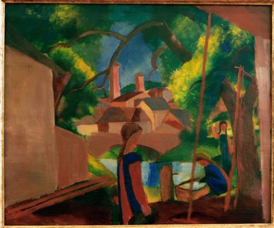 Enfants à la fontaine avec ville en arrière-plan - August Macke