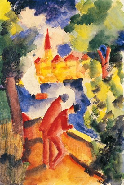 Deux hommes appuyés sur la rambarde surplombant un lac, 1914 - August Macke