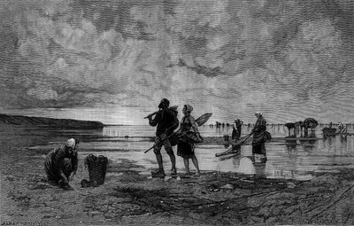 Grande marée dans la Manche (19e siècle) : pêcheurs de coquillages sur une plage. Gravure d