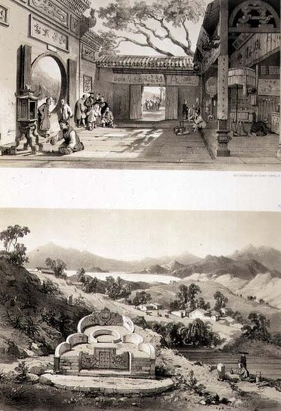 Vue intérieure du grand temple de Macao et une tombe et un village entre les baies de Hong Kong et Cowloon, planches 8 et 7 de 
