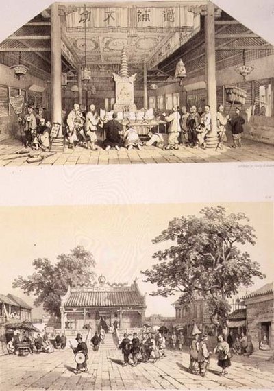 Intérieur du Temple de Bouddha et une petite place dans la banlieue de Canton, planches 25 et 26 de 