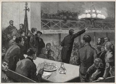 Réunion pour la grève au Vooruit en 1885 - gravure dans «Le Monde illustré» - dessin par Gérardin - Auguste (after) Gerardin
