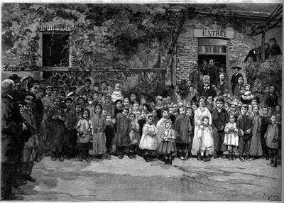 Victor Hugo (1802-1885) avec les enfants pauvres de Veules-en-Caux à qui il offrit un banquet le 24 septembre 1882. Gravure de Gérardin dans « Le Monde Illustré » n°1333 du 14 octobre 1882. - Auguste (after) Gerardin