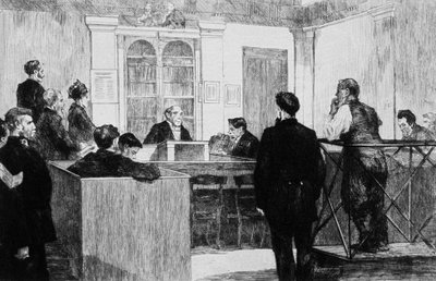 Salle du tribunal de police de Bow Street à Londres en 1884 (gravure) - Auguste Andre Lancon