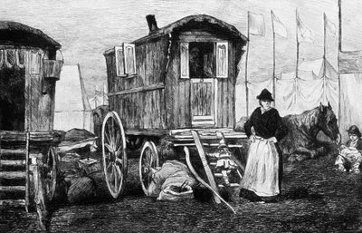 Camp de gitans avec leur caravane tirée par des chevaux - Auguste Andre Lancon