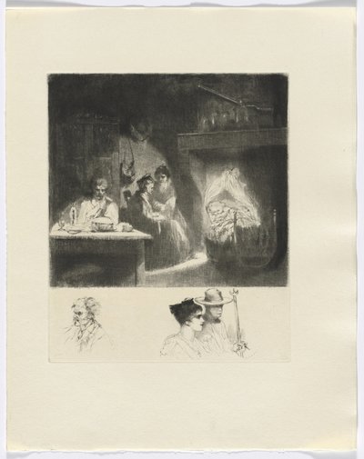 Frédéric Mistral : Mémoires et Récits de Frédéric Mistral : scène de famille/ buste de trois personnages (encart après la p. 48) - Auguste Brouet