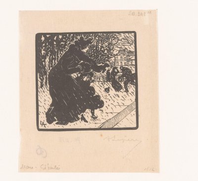 Femme et enfant sous la pluie - Auguste Lepère (signed by artist)