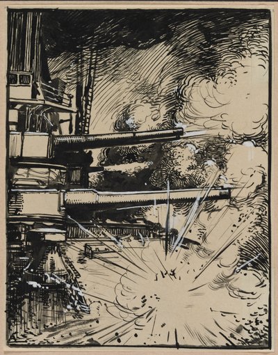 Bombe explosant sur un cuirassé aux canons braqués - Auguste Louis Lepère
