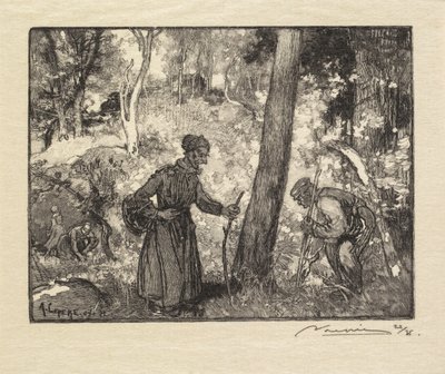 Forêt de Fontainebleau : Cueilleurs de champignons au Rocher Bernard, 1890 - Auguste Louis Lepère
