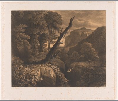Paysage de montagne avec un oiseau volant à travers un ravin (Dix eaux-fortes par A. Numans) (Visions par Auguste Numans d