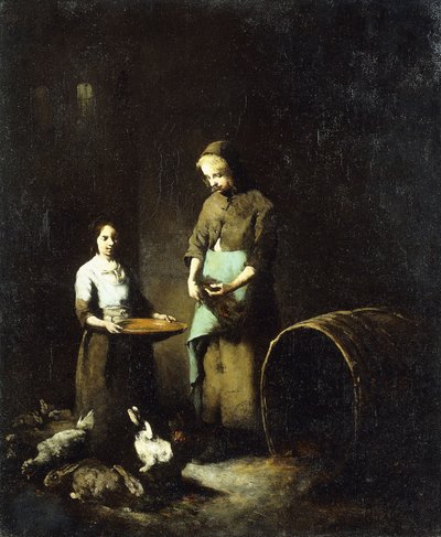 Jeunes paysannes nourrissant des animaux de basse-cour - Auguste Theodule Ribot