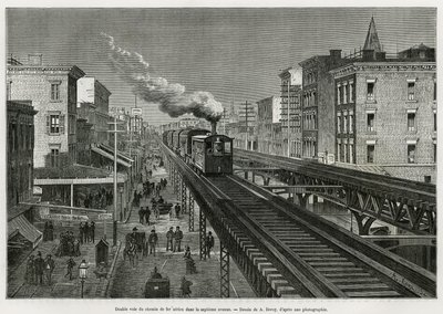 Double voie du chemin de fer aérien sur la septième avenue, New York, New York. Edouard de Laveleye, en 1878-1879, publié dans le Tour du monde, sous la direction d