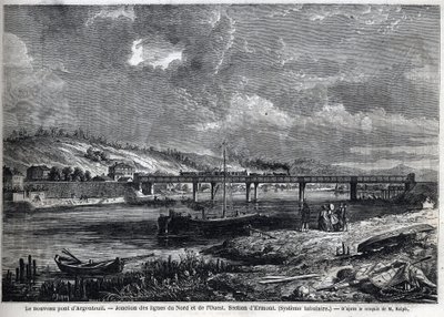 Le nouveau Pont à Argenteuil. Jonction des lignes Nord et Ouest. Section Ermont (système tubulaire). Gravure d