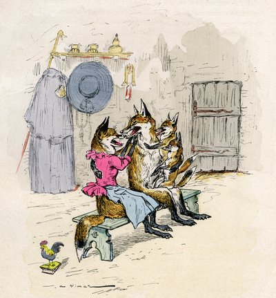 Illustration par A. Vimar pour le Roman de Renart (roman du renard), édition Henri Laurens XIXe siècle - Goupil et Hermeline le renard, sa femme, chez eux, avec leurs enfants les petits renards - Auguste Vimar