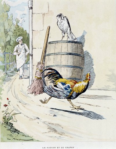 Le faucon et le chapon - dans « Fables de La Fontaine », ill. par Auguste Vimar (1851-1916), Tours, chez A. Mame & Fils - Auguste Vimar