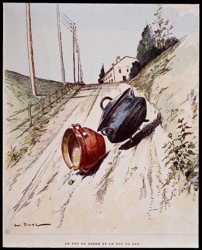 Le pot de terre et le pot de fer - dans « Les Fables de La Fontaine », ill. par Auguste Vimar (1851-1916), Tours, chez A. Mame & Fils - Auguste Vimar