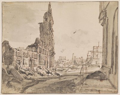 Vue des coins nord-est et nord-ouest de la Grand Place après le bombardement de 1695 - Augustin Coppens