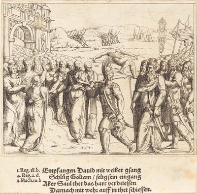 David est accueilli après avoir tué Goliath, et la jalousie de Saül - Augustin Hirschvogel