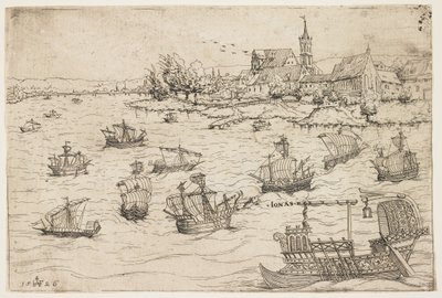 Jonas et la baleine sur un lac avec des voiliers, 1546 - Augustin Hirschvogel