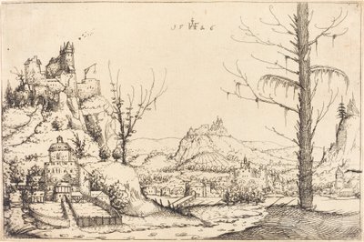 Paysage avec hautes falaises, rivière et ville - Augustin Hirschvogel