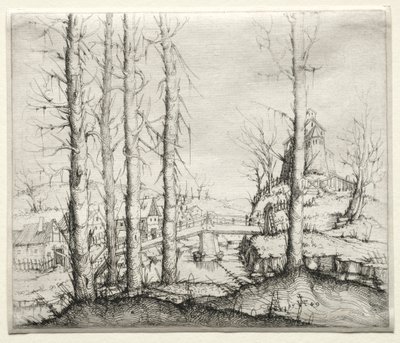 Paysage fluvial avec cinq sapins nus au premier plan, 1549 - Augustin Hirschvogel