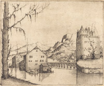 Paysage fluvial avec deux bâtiments - Augustin Hirschvogel