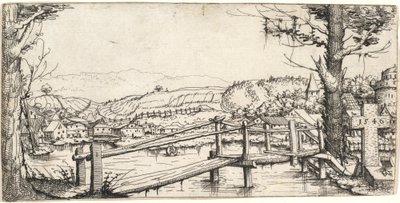 Paysage fluvial avec une passerelle - Augustin Hirschvogel