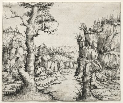 Paysage fluvial avec rochers à gauche et à droite - Augustin Hirschvogel