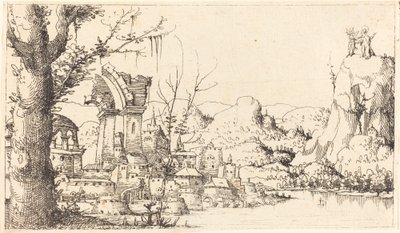 Paysage fluvial avec la tentation du Christ - Augustin Hirschvogel