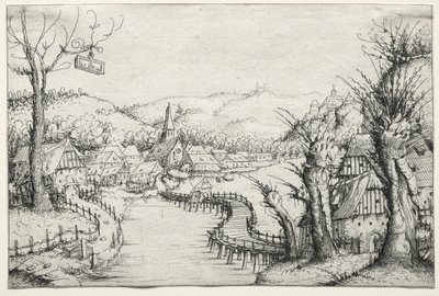 Paysage fluvial avec trois saules dénudés à droite et un long pont de bois sinueux au centre menant à un village - Augustin Hirschvogel