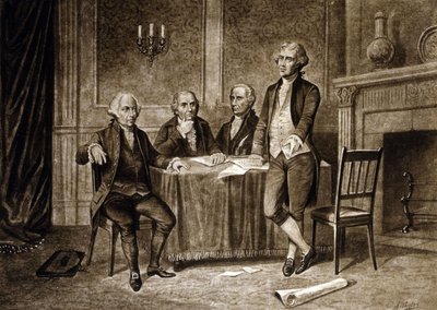 Dirigeants du Congrès continental de 1775 : John Adams, Robert Morris, Alexander Hamilton, Thomas Jefferson, dessin d