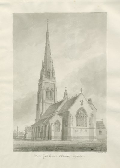 Cheadle - Église catholique romaine (Saint-Gilles) : dessin au lavis sépia - Augustus Welby Northmore Pugin