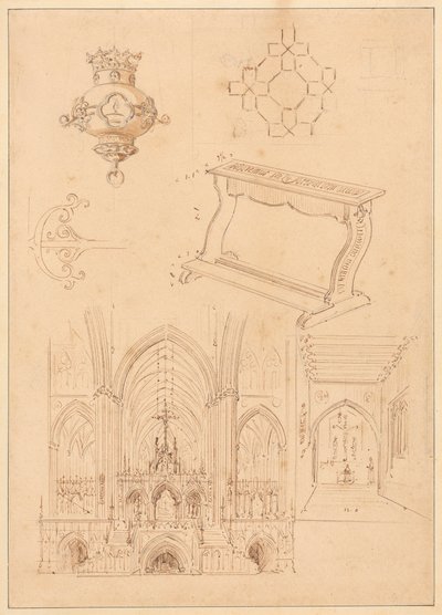 Dessins pour ornementation gothique, un prie-Dieu et deux croquis des intérieurs d