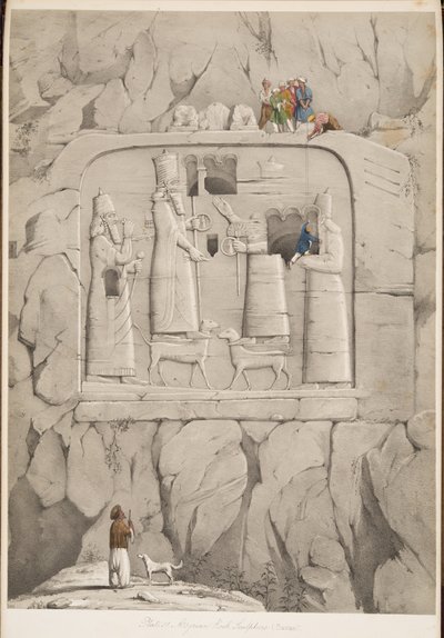 Sculpture rupestre assyrienne (Bavian), des Monuments de Ninive, pub. 1849 (gravure) - Austen Henry Layard