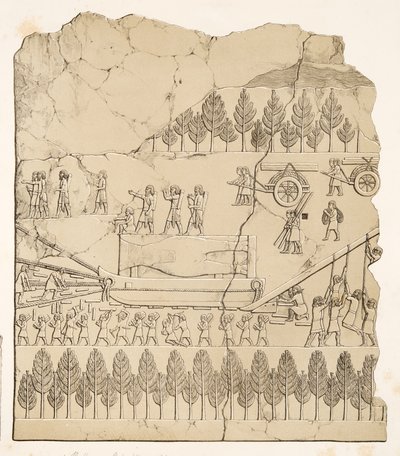 Assyriens déplaçant un taureau ailé sur un traîneau (Kouyunjik), des Monuments de Ninive, pub. 1849 - Austen Henry Layard
