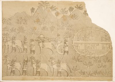 Char et assistants de Sennachérib et un château sur une montagne (Kouyunjik), des Monuments de Ninive, pub. 1849 - Austen Henry Layard